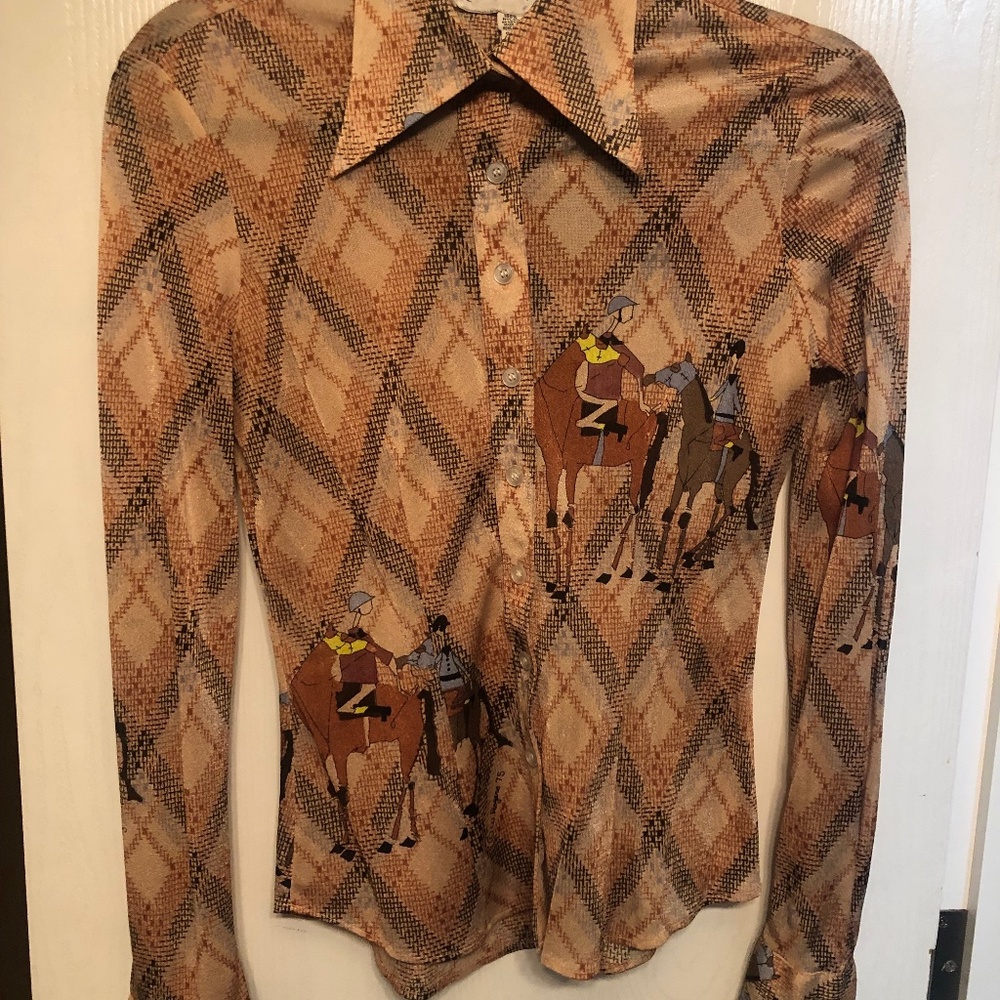 Vintage Wayne Rogers Sheer Metallic Collectible Polo Print, Size S